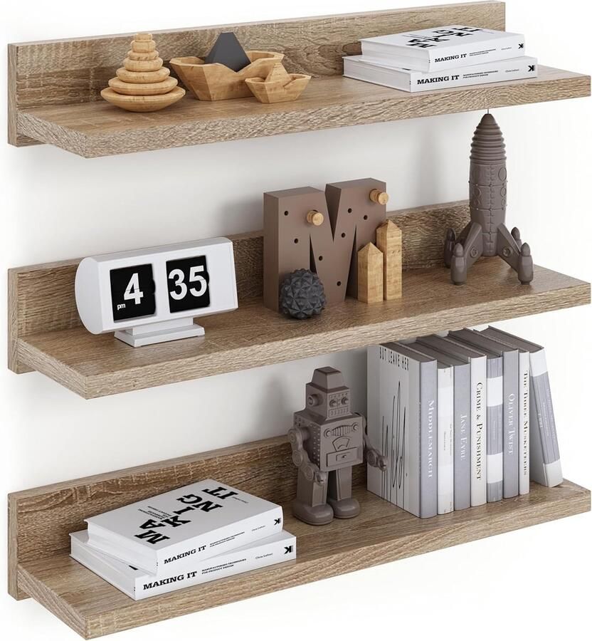 Zwevende Wandplank 39cm Zwevende Plank 3 Sonoma Planken Geschroefd Hangende Wandplank Set van 3 Planken voor Slaapkamer Badkamer Woonkamer Keuken Thuiskantoor