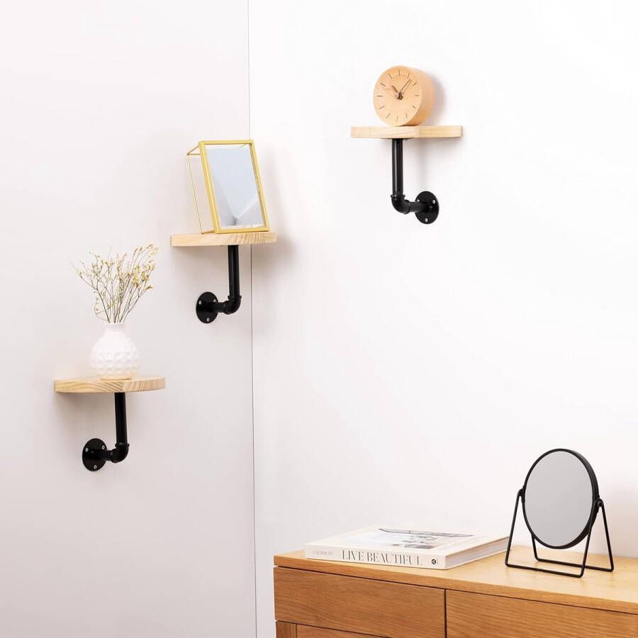 Zwevende wandplank industrieel design Set van 3 Wandrek voor de woonkamer slaapkamer badkamer of keuken 20 x 15 x 17 cm in lichtbruin