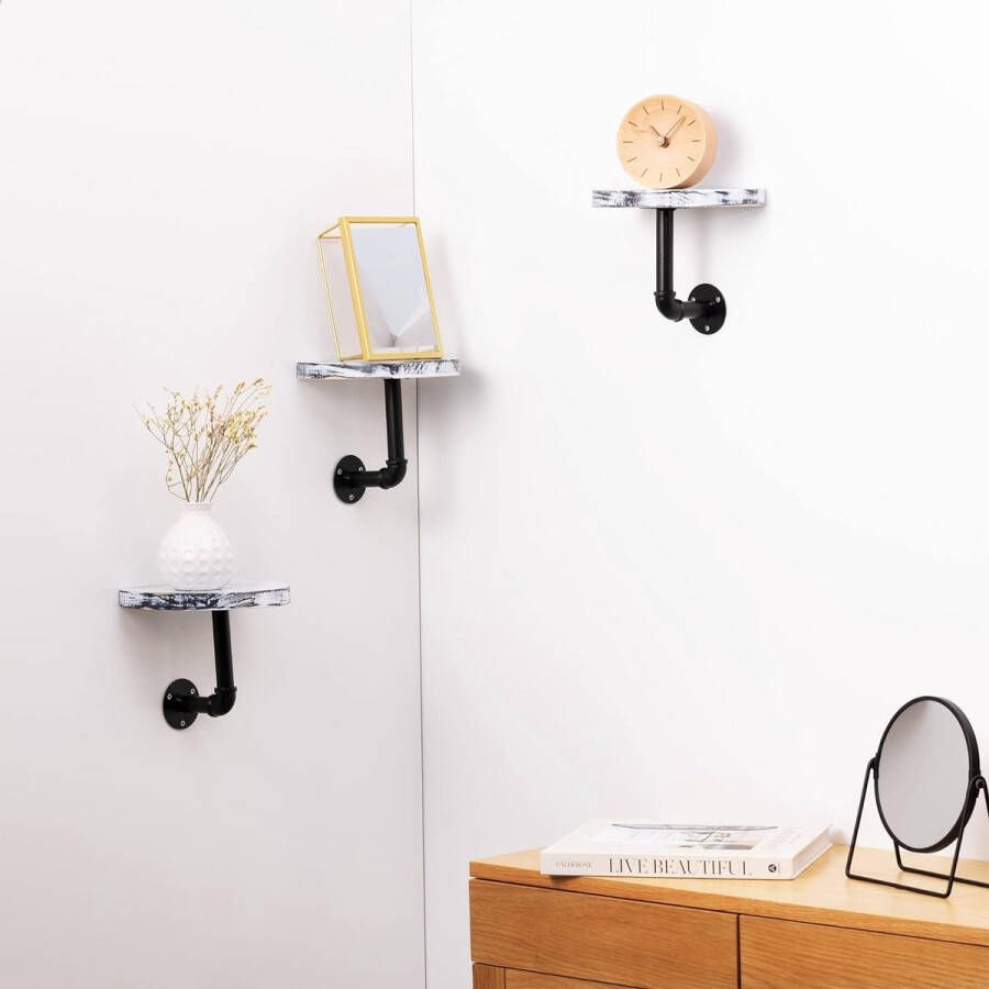 Zwevende wandplank industrieel design Set van 3 Wandrek voor de woonkamer slaapkamer badkamer of keuken 20 x 15 x 17 cm in wit