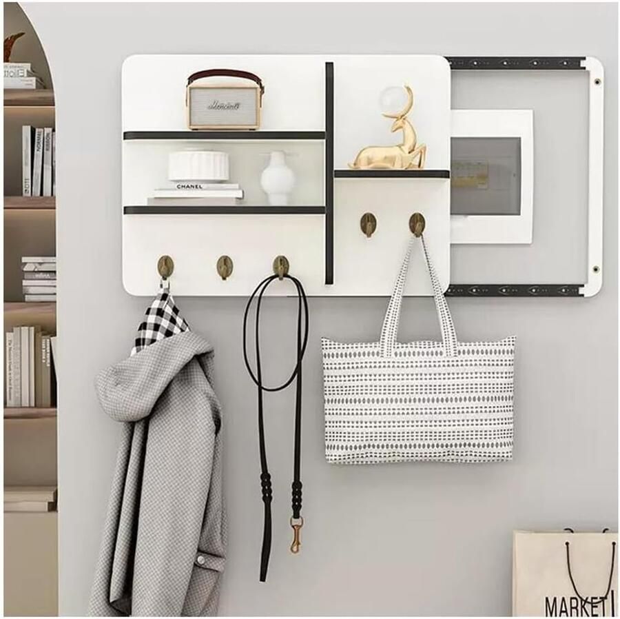 Zwevende wandplank met verborgen opbergruimte en haken voor optimaal ruimtegebruik