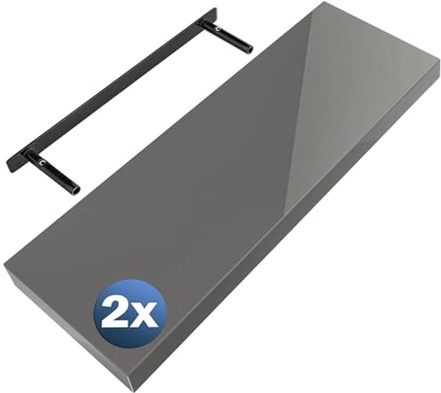 Zwevende Wandplank Set van 2 Houten Keukenplanken met Bevestiging 70 cm Grijs Hoogglans