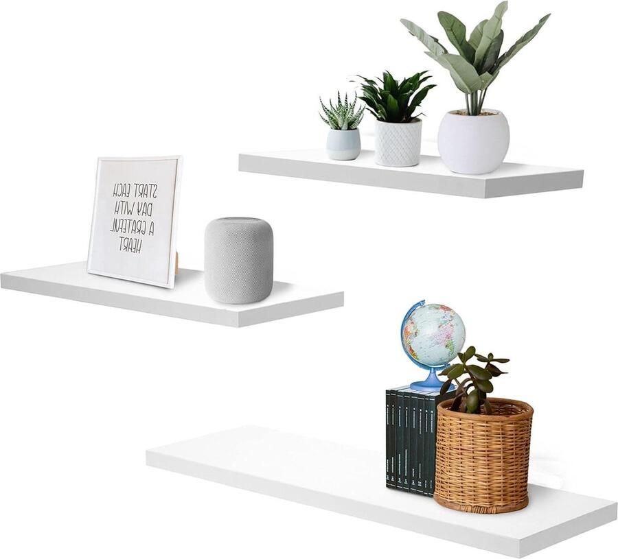 Floating Shelves Set of 3 Picture Frames and Books Display Modern Wall Bookcase Bathroom Shelf 50 x 17 cm White MDF