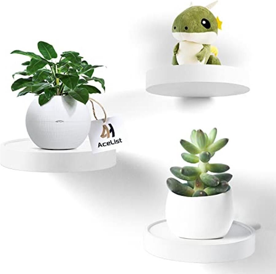 Zwevende Wandplank Set van 3 Houten Ronde Planken voor Decoratie in Wit (Diameter 15 cm)