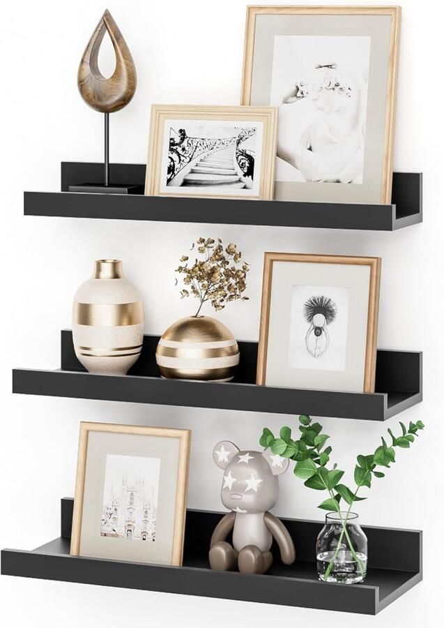 Zwevende Wandplank Set van 3 Industrieel Design 40 cm Zwart MDF-hout