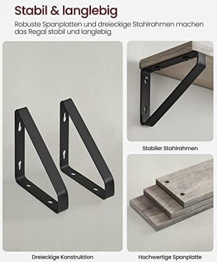 Zwevende Wandplank Set van 3 Industrieel Ontwerp Grijs-Zwart