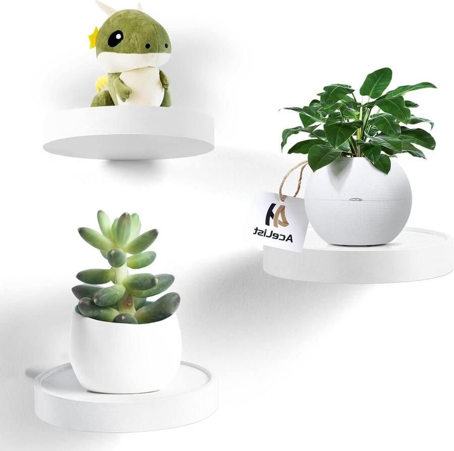 Ronde Zwevende Houten Wandplank Set van 3 Wit (15 cm diameter) met Decoratie Plantenrek