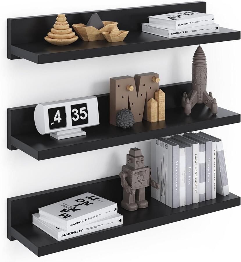 Zwevende Wandplank Set van 3 Zwart 39cm Geschroefde Wandplanken voor Slaapkamer Badkamer Woonkamer Keuken en Thuiskantoor