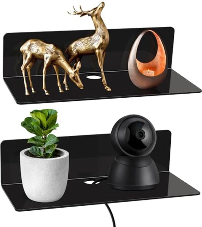 Zwevende Wandplank Zonder Boren Set van 2 Acryl Planken met Kabelclips voor Keuken Slaapkamer en Kantoor