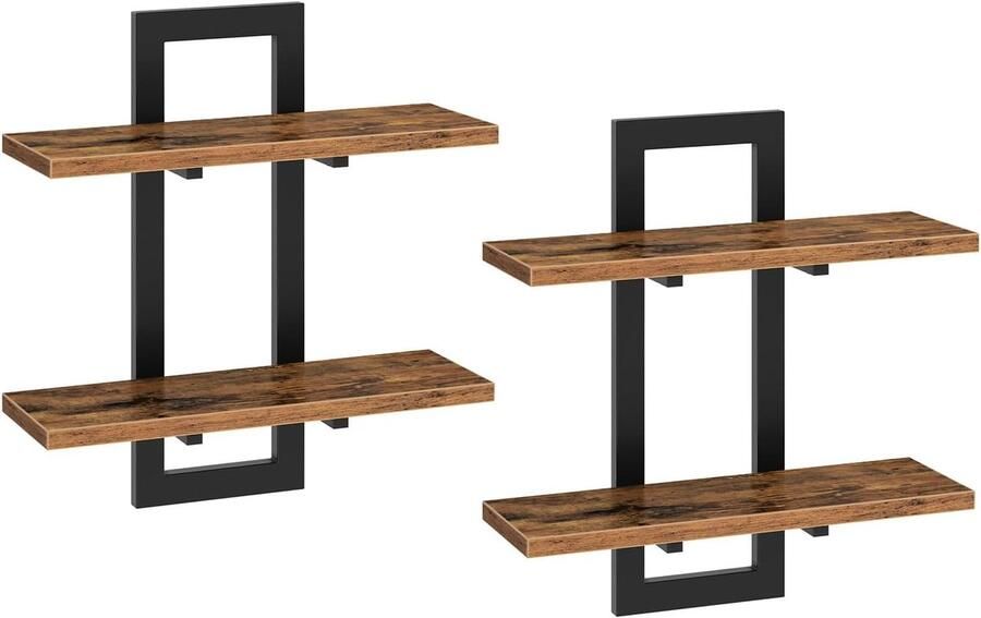 Retadou Zwevende wandplanken 2-traps wandplank zwevende plank set van 2 hangende badkamerplanken 38 cm wandplanken voor woonkamer slaapkamer keuken vintage bruin en zwart
