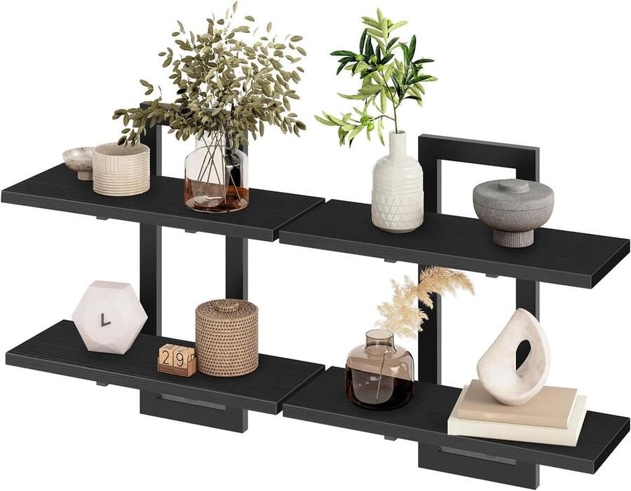 Retadou Zwevende wandplanken 2-traps wandplank zwevende plank set van 2 hangende badkamerplanken 38 cm wandplanken voor woonkamer slaapkamer keuken zwart