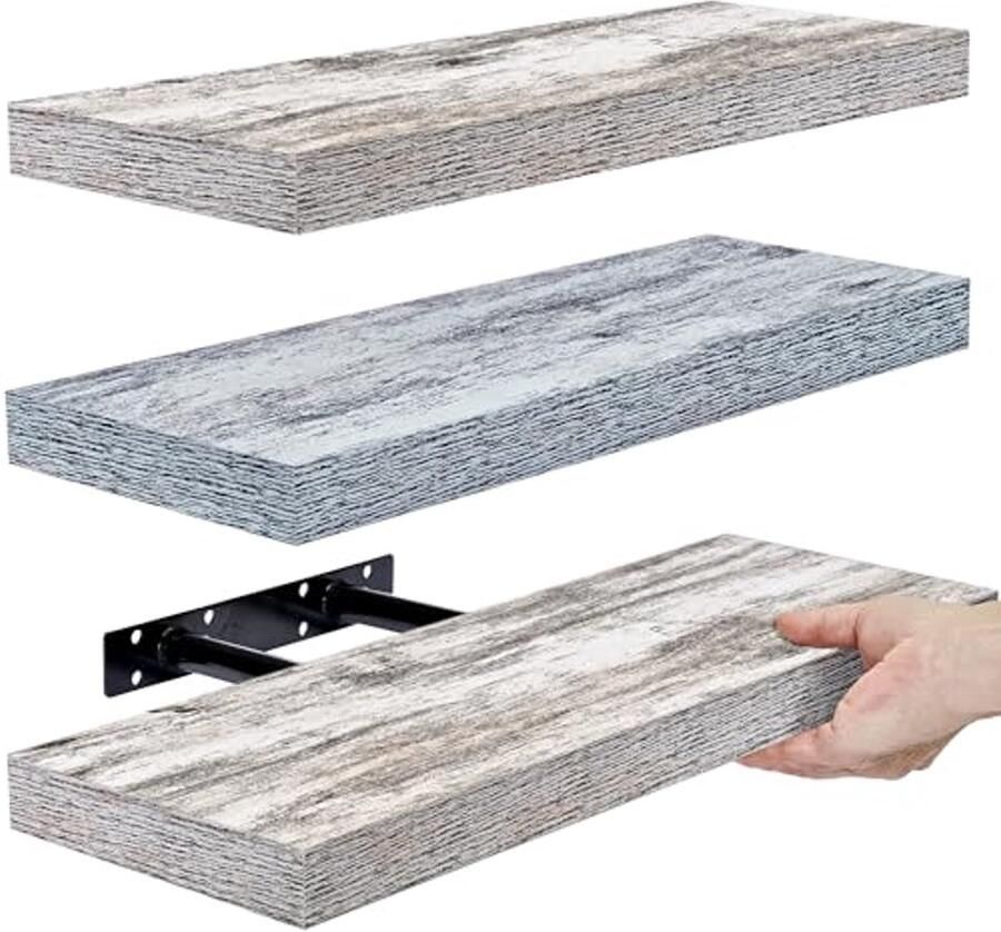 Zwevende Wandplanken 3 Stuks voor Slaapkamer Badkamer Woonkamer en Keuken Blauw Wit Rustiek Hout voor Boeken en Decoratie
