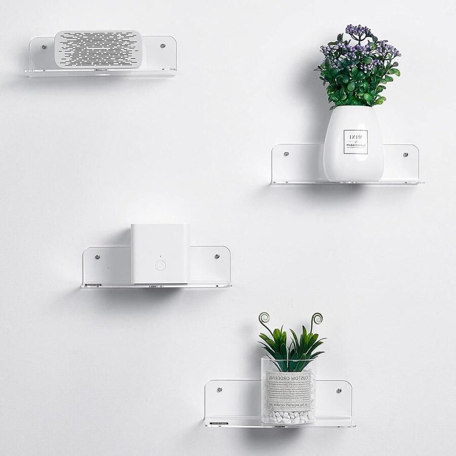 Zwevende wandplanken acryl set van 4 gemakkelijk uitbreiden wandruimte wandplank slaapkamer badkamer keuken woonkamer kantoor kabelclips helder 225 cm