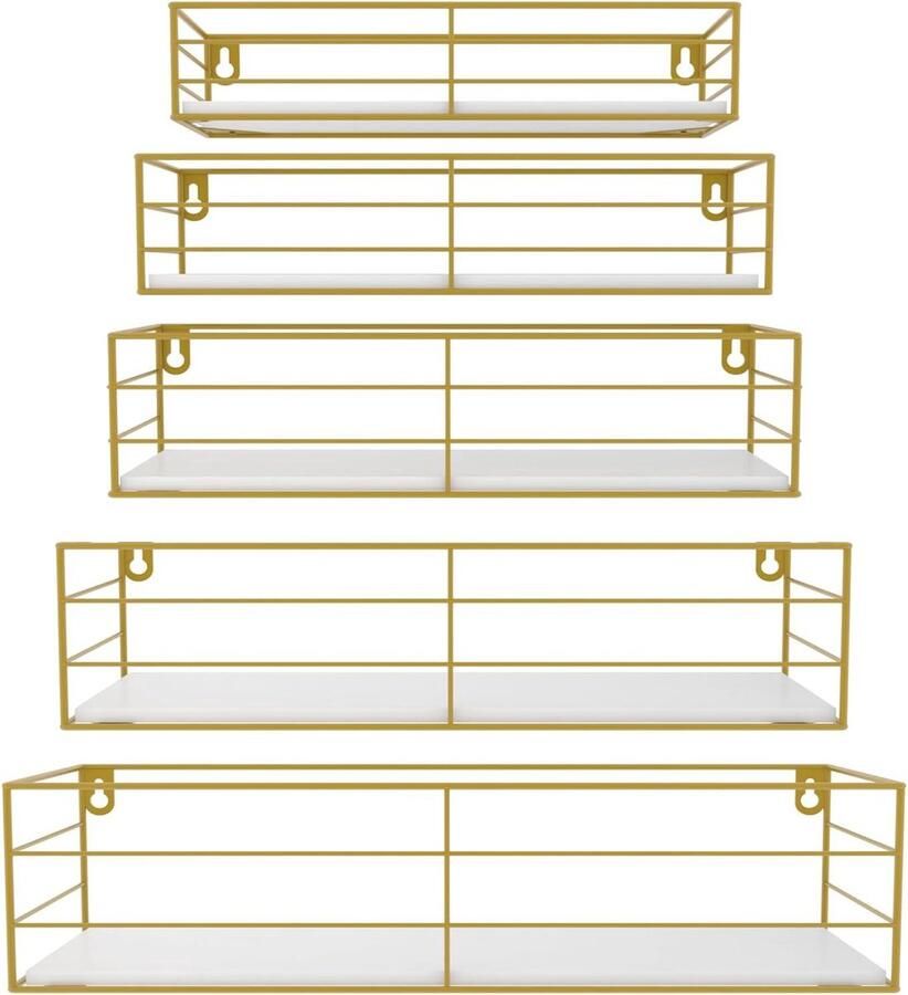Zwevende wandplanken houten planken stijlvol en praktisch 5 stuks wit met goudkleurig frame