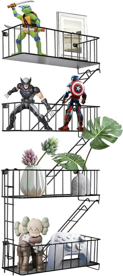 Zwevende Wandplanken Industrieel Design 4 Stuks Zwart Metaal 30x10x8 cm