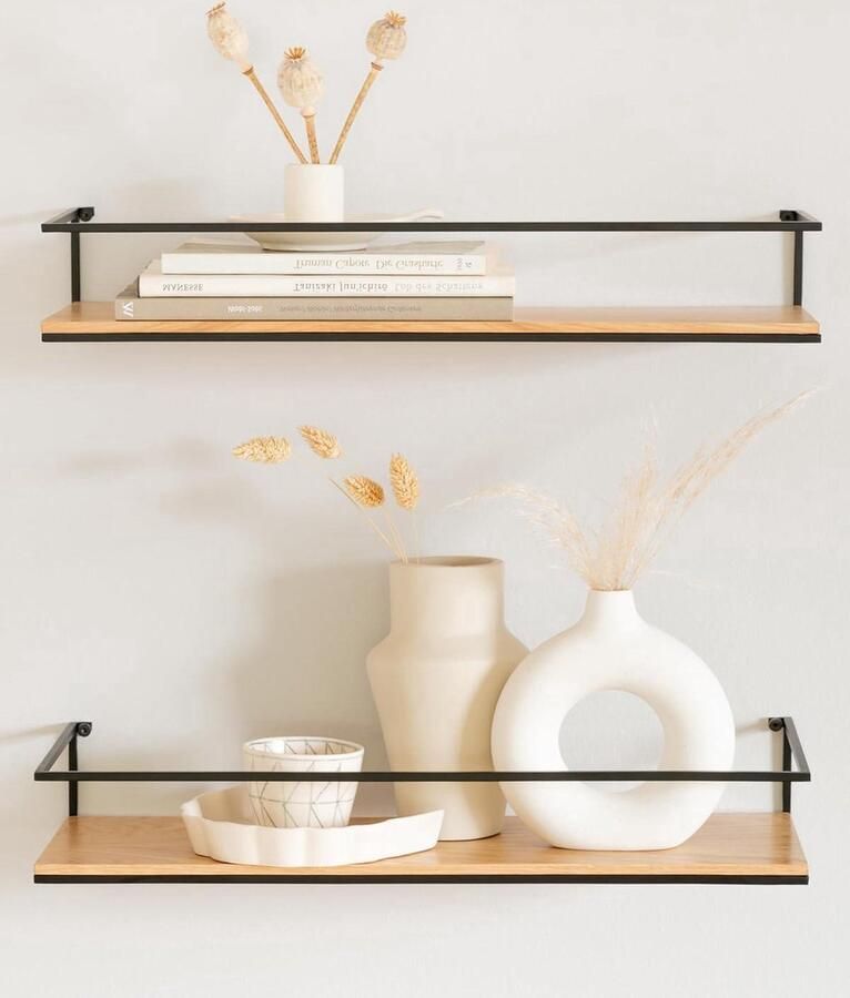 Zwevende Wandplanken Metalen en Houten Planken Set van 2 Eiken Metaal en Houtfineer