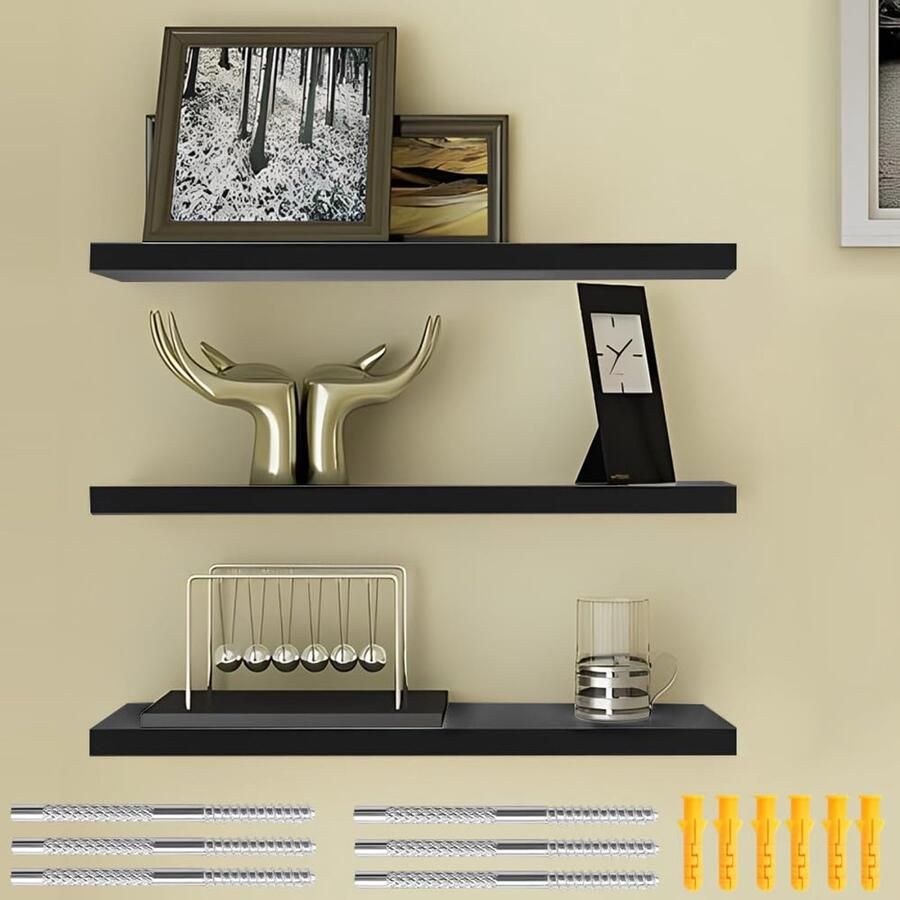Zwevende Wandplanken Modern Design Set van 3 Zwart Hoogwaardig Karton
