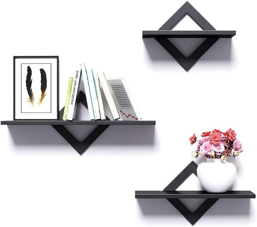 Zwevende wandplanken moderne displayoplossing set van 3 zwarte kleur