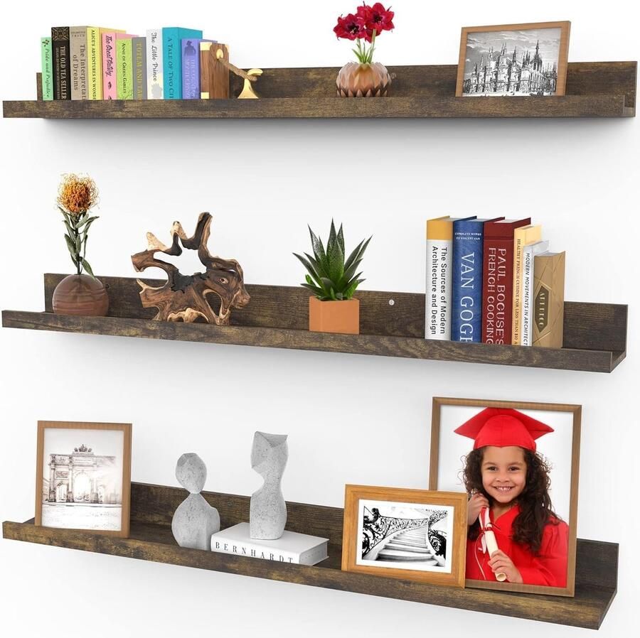 Zwevende wandplanken van 91 cm Set van 3 in walnootbruin Moderne rustieke stijl Wanddisplay Schilderijenplanken