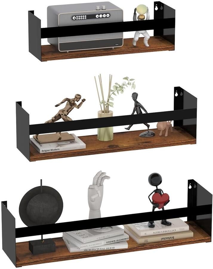 Zwevende wandplanken multifunctioneel set van 3 zwart hout en metaal
