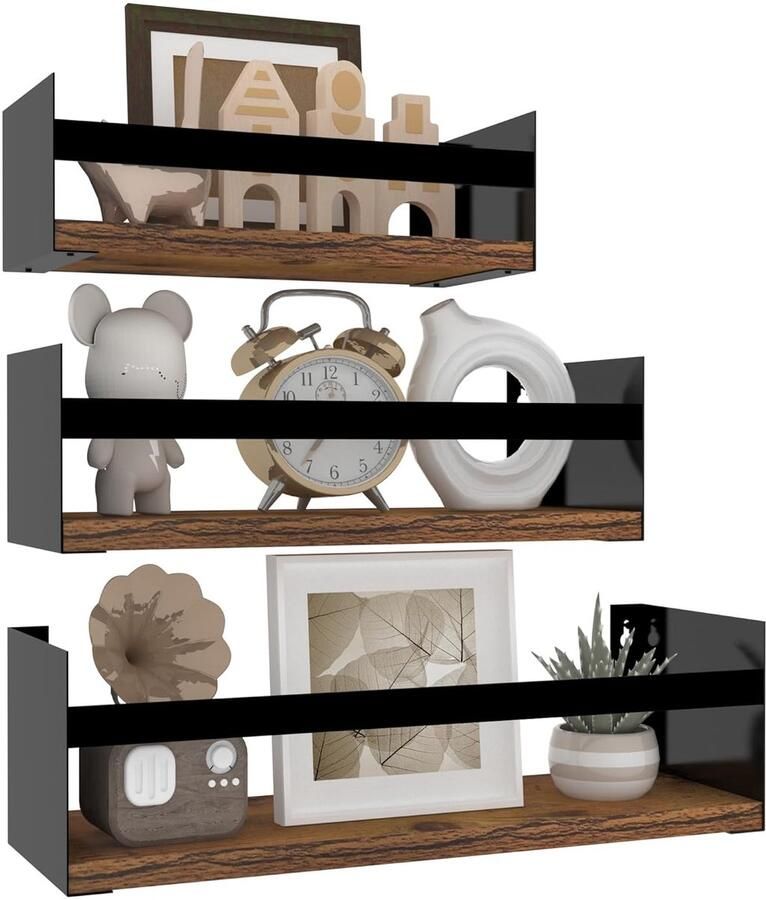 Zwevende wandplanken multifunctioneel set van 3 zwart hout en metaal