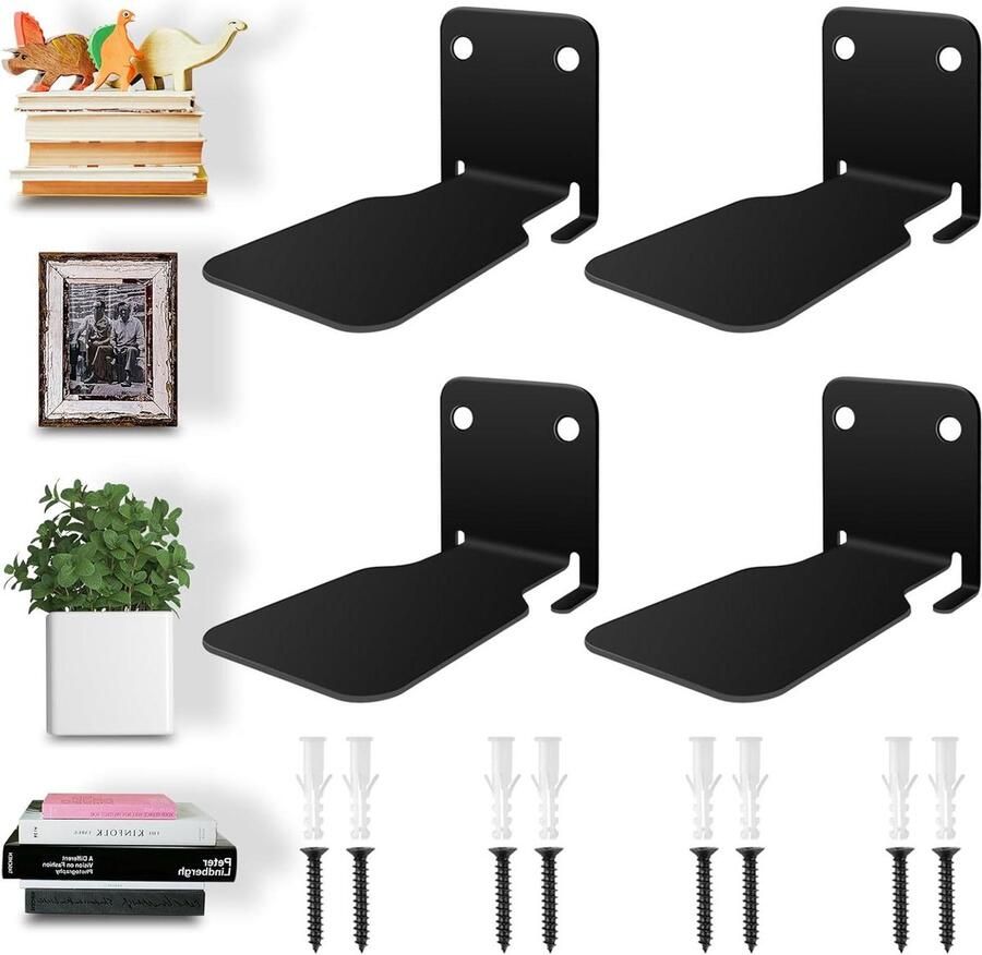 Zwevende Wandplanken Onzichtbare Metalen Boekenkast voor Multifunctioneel Gebruik 4 Stuks Zwart Metaal