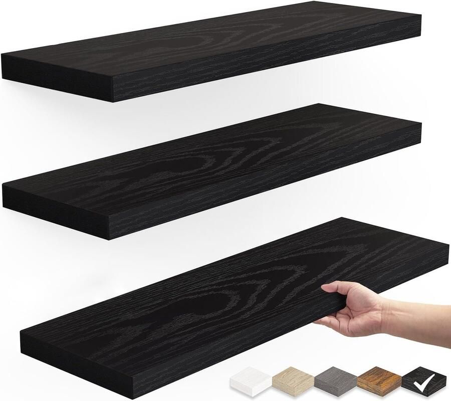 Zwevende wandplanken rustieke houten wandplanken voor badkamer slaapkamer woonkamer keuken hangende planken voor boeken opslag kamerdecoratie draagvermogen 22 lbs (zwart set van 3 15 7 inch)
