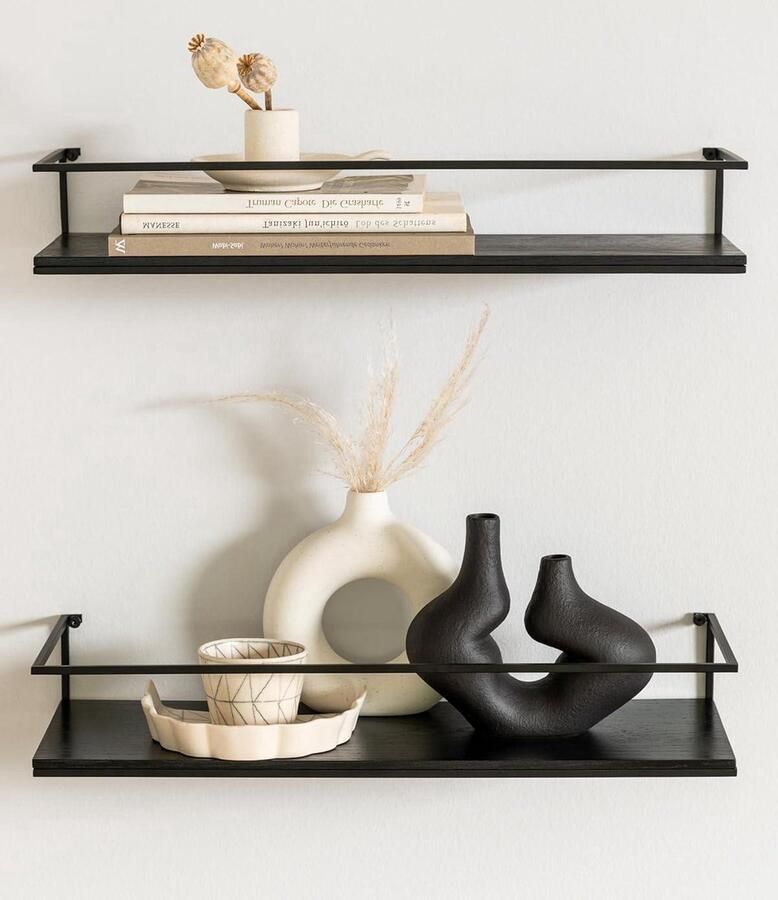 Zwevende Wandplanken Set Houten Planken voor Badkamer Keuken Woonkamer 2 stuks Zwart Metaal en Echt Houtfineer