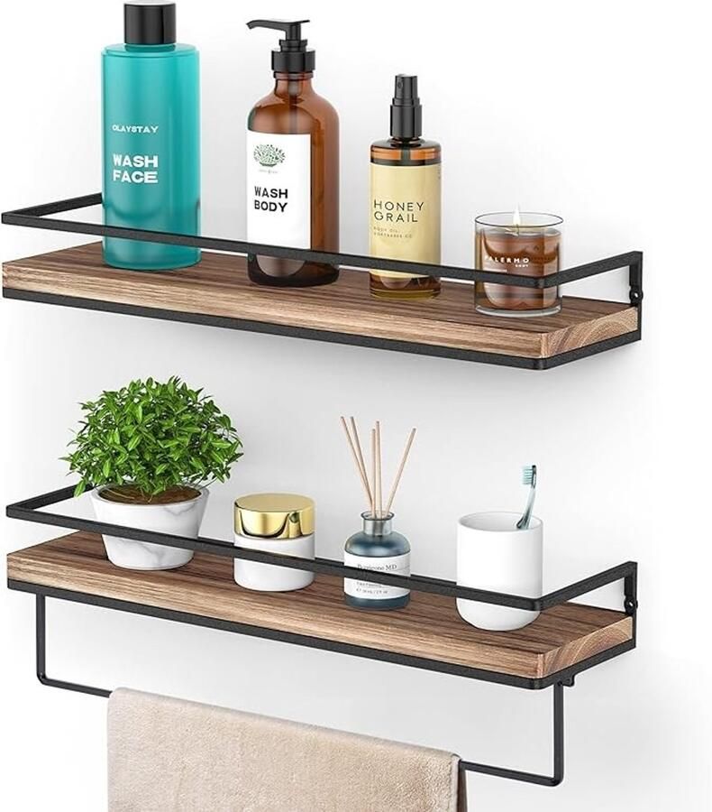 Houten wandplank plank met handdoekhouder zwevende plank set van 2 rustieke wandplank 42 ​​x 15 5 x 7 5 cm houten zwevende planken voor badkamer slaapkamer woonkamer keuken