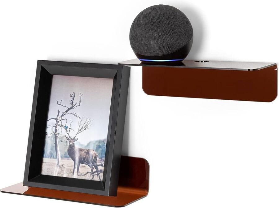 Zwevende wandplanken set van 2 acryl kleine plank voor slaapkamer badkamer keuken woonkamer speelkamer kabelclips stok op geen boor 20 cm (bruin)