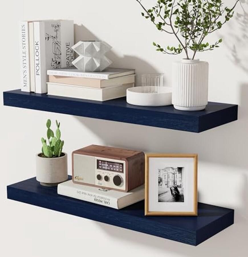 Zwevende Wandplanken Set van 2 Donkerblauwe Massief Houten Planken 61 cm voor Woonkamer Slaapkamer en Badkamer Decoratie