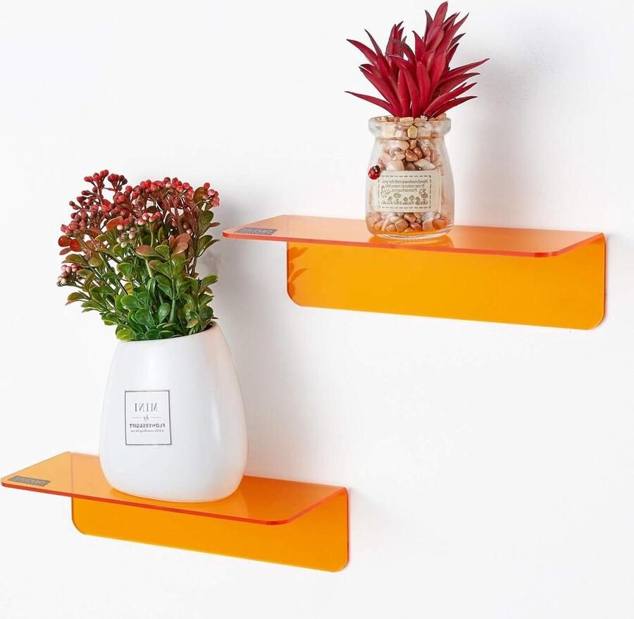 Zwevende Acryl Wandplanken Set van 2 Eenvoudig Uitbreiden Personaliseren Wandruimte 9 Inch Kleine Plank Slaapkamer Badkamer Keuken Woonkamer Kantoor Speelkamer Kabelclips Oranje