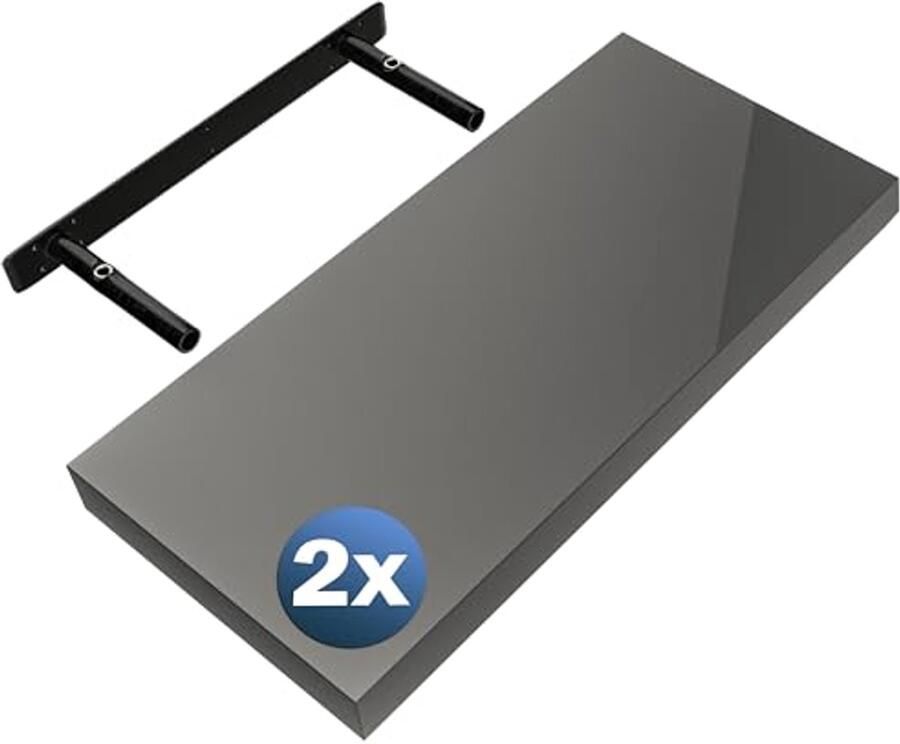 Zwevende Wandplanken Set van 2 Houten Keukenplanken met 15 kg Draagkracht Grijs Hoogglans 50 cm