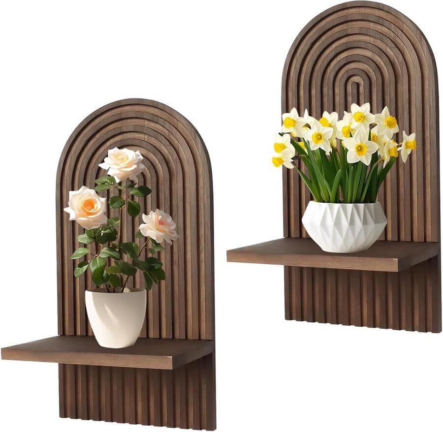 Allecto Plus Wandplanken 2 stuks voor wandmontage voor slaapkamer woonkamer keuken badkamer kantoor houten planken (bruin)