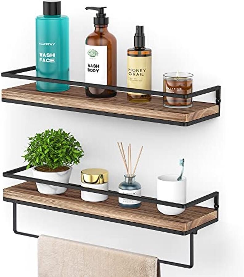 Zwevende Wandplanken Set van 2 met Handdoekstang Rustieke Houten Wandplanken voor de Slaapkamer Woonkamer Badkamer en Keuken
