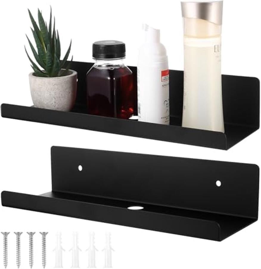 Zwevende wandplanken set van 2 Metalen planken voor figuren planten en decoratie (30 x 10 x 6 cm zwart)