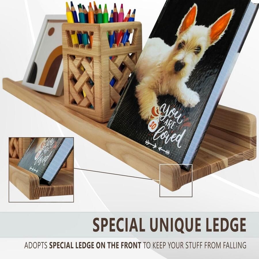Handgemaakte set van 2 zwevende wandplanken rustieke houten planken met rand kinderboekenplanken schilderijen- en fotoplanken voor slaapkamer woonkamer badkamer keuken kantoor (natuurkleur 40 cm) - Foto 2