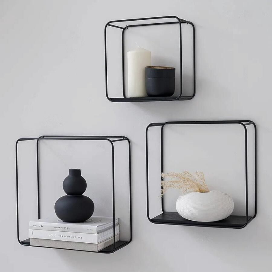 Zwevende Wandplanken Set van 3 Planken van Metaal en Eiken Houtfineer Stijlvolle Opbergruimte en Wanddecoratie voor Elke Kamer Zwart en Eiken