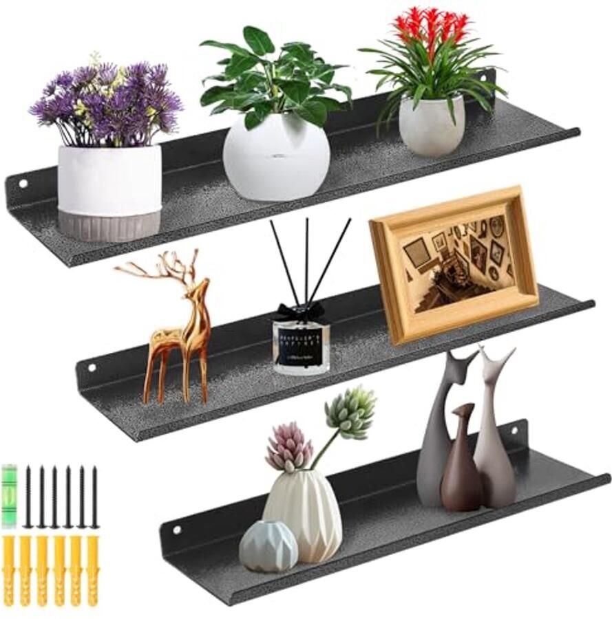 Zwevende Wandplanken Set van 3 Rustieke IJzeren Decoratieve Fotoboeken Planken voor Slaapkamer Woonkamer Keuken Badkamer en Kantoor