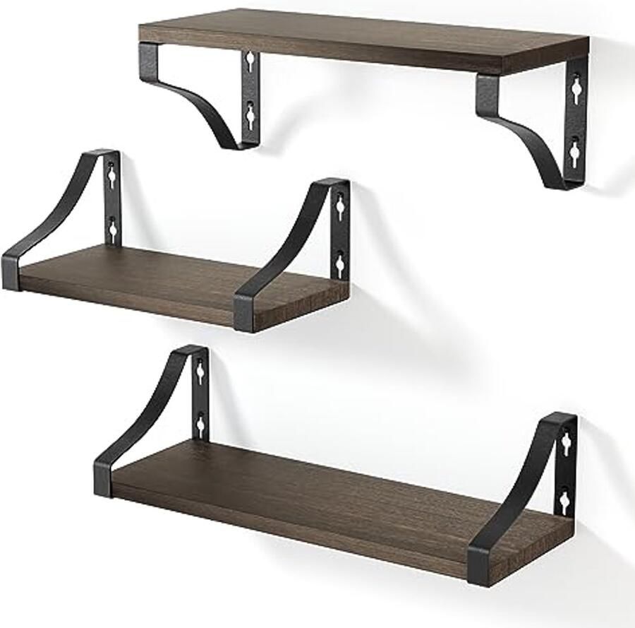 Zwevende Wandplanken Set van 3-traps Wandplanken van Natuurlijke Hout voor Woonkamer Slaapkamer Badkamer