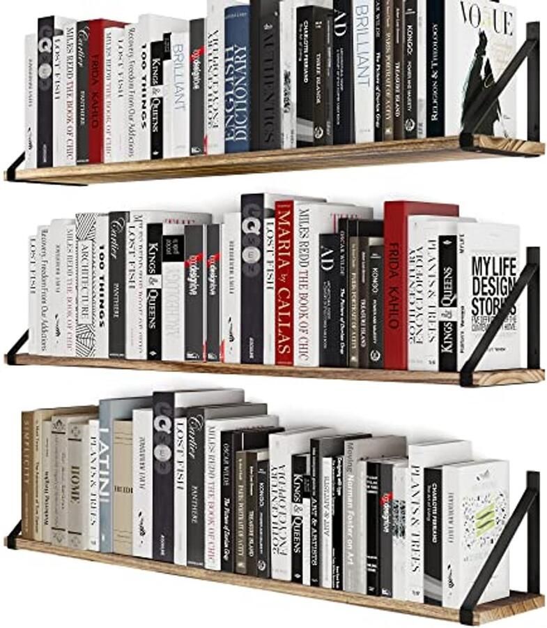 Zwevende Wandplanken Set van 3 voor Boeken en Decoratie 36 inch Gebrande Houten Planken