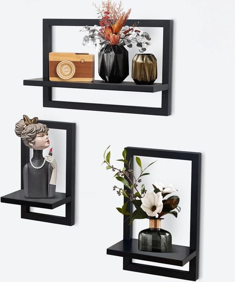 Zwevende wandplanken Set van 3 Wanddecoratie Hangrekken Wandopslag Vierkante boekenkast Muur wandrek Houten hangrek Slaapkamer woonkamer zwart Wandplanken & -rekken