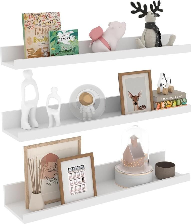 Zwevende Wandplanken Set van 3 Wit Houten Planken voor Slaapkamer Badkamer en Keuken 60 cm