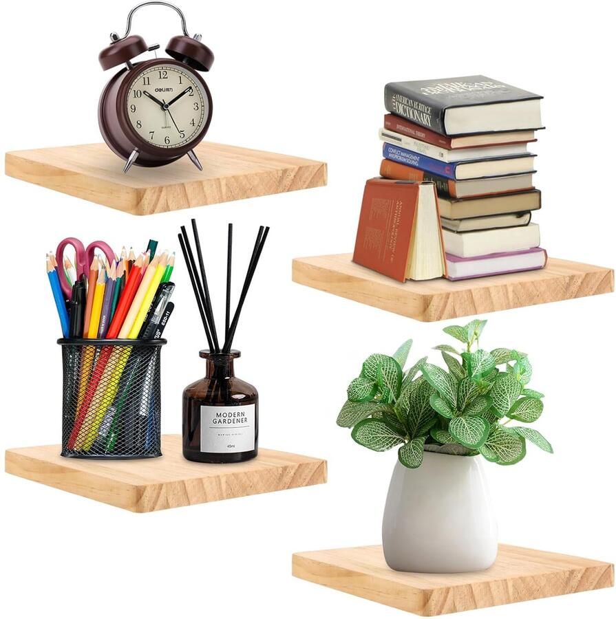 Zwevende wandplanken set van 4 massief hout 15x15 cm