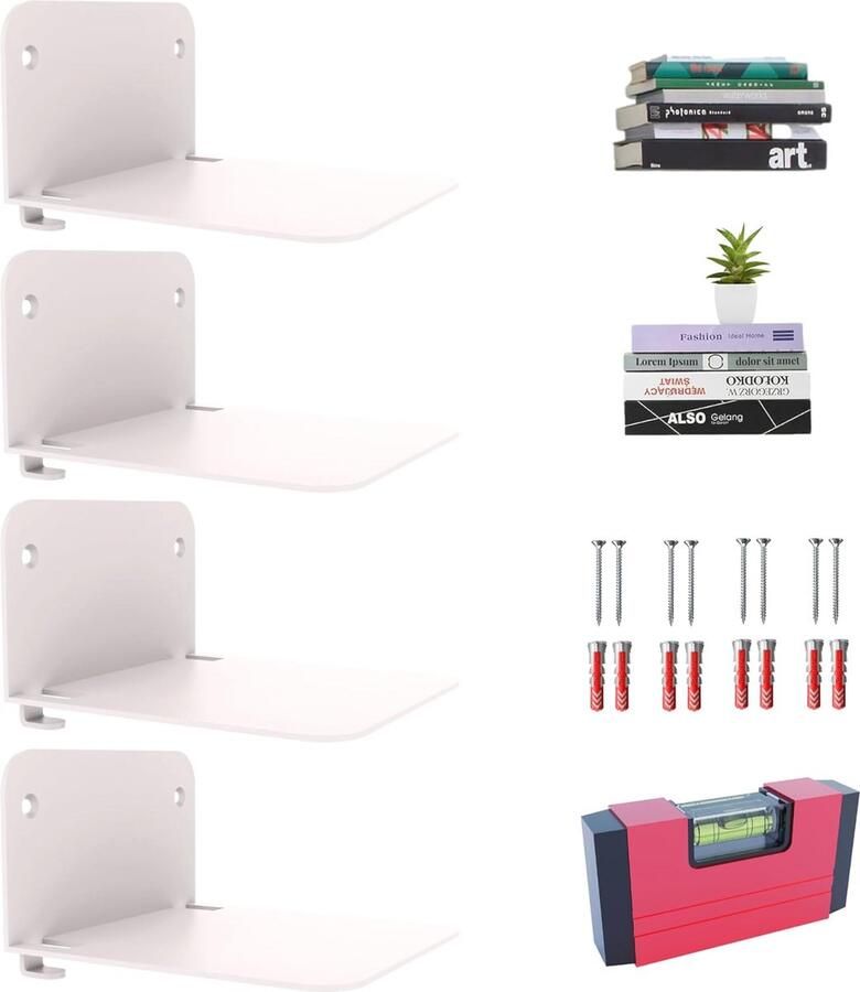 Witte zwevende boekenplanken van metaal set van 4 wandplanken voor aan de muur in slaapkamer keuken of woonkamer met schroeven en mini-waterpas Boekenplank