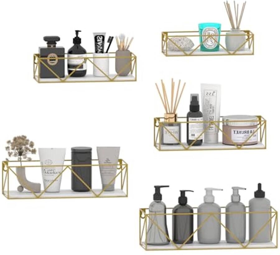 Zwevende Wandplanken Set van 5 in Goud en Wit Houten Planken voor Wanddecoratie