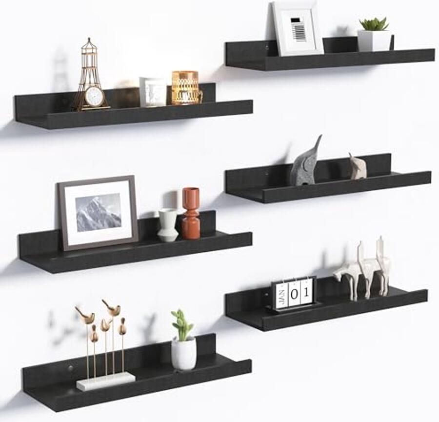 Zwevende Wandplanken Set van 6 Houten Planken voor Decoratieve Opslag en Wanddecoratie