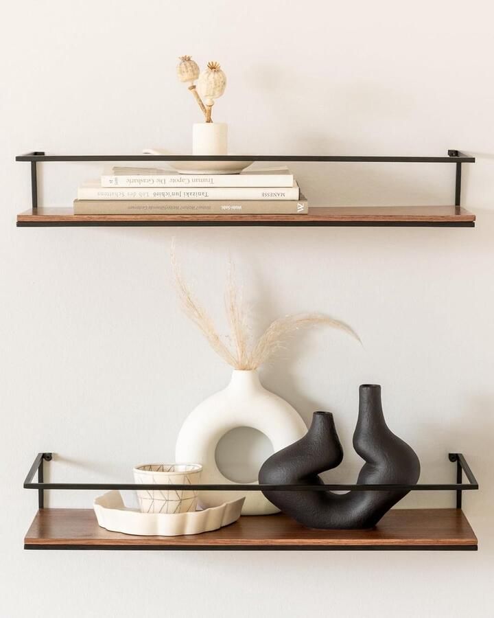 Zwevende Wandplanken Set van Metaal en Houtfineer Houten Planken voor Badkamer Keuken Woonkamer en Slaapkamer Walnootkleurig