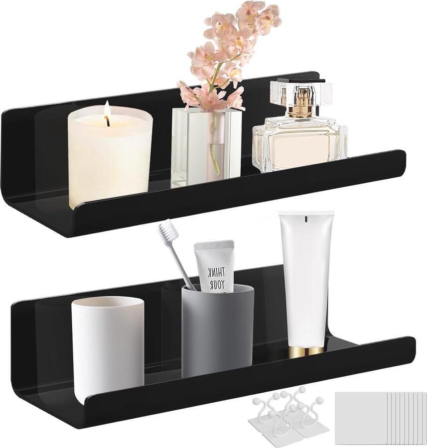 Zwevende Wandplanken Set Wandrek Geschikt voor Kantoor Badkamer Keuken en Slaapkamer 2 Stuks Zwart Acryl