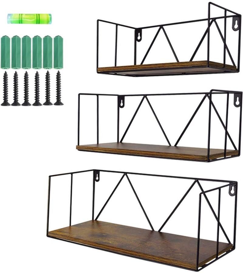Ibenzoa Houten Wandrek Set van Drie Delen met Metaal Multifunctioneel en Stabiel voor Ruimtes