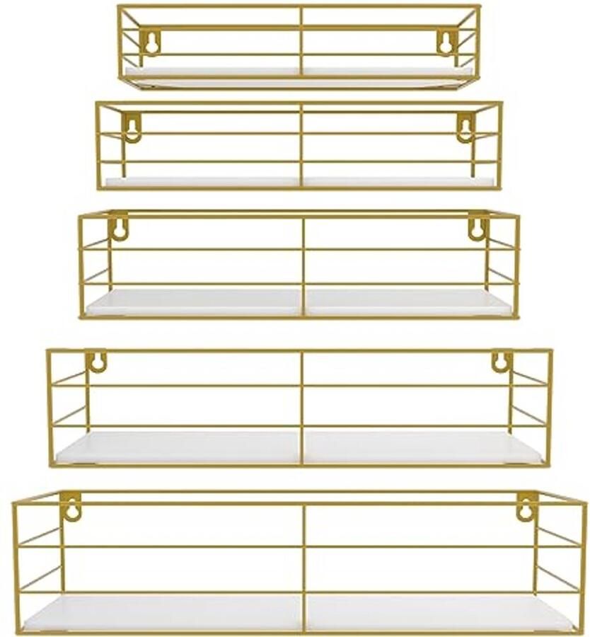 Zwevende wandplanken van hout met goudkleurig frame Set van 5 praktische en esthetische planken voor elke ruimte